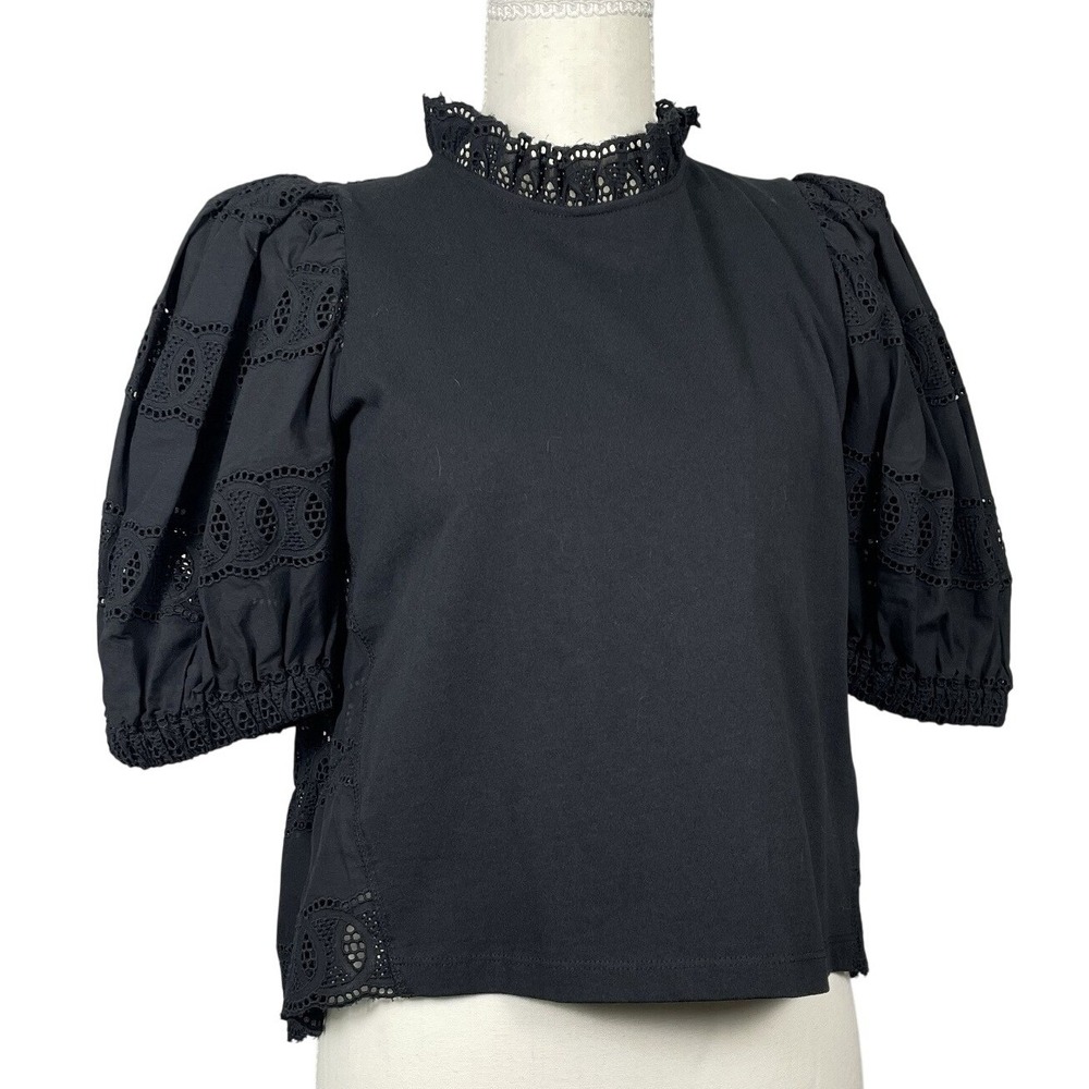 Othilia Anthropologie Womens XS Black‎ Eyelet Lace Mock Neck Puff Sleeve Shirt